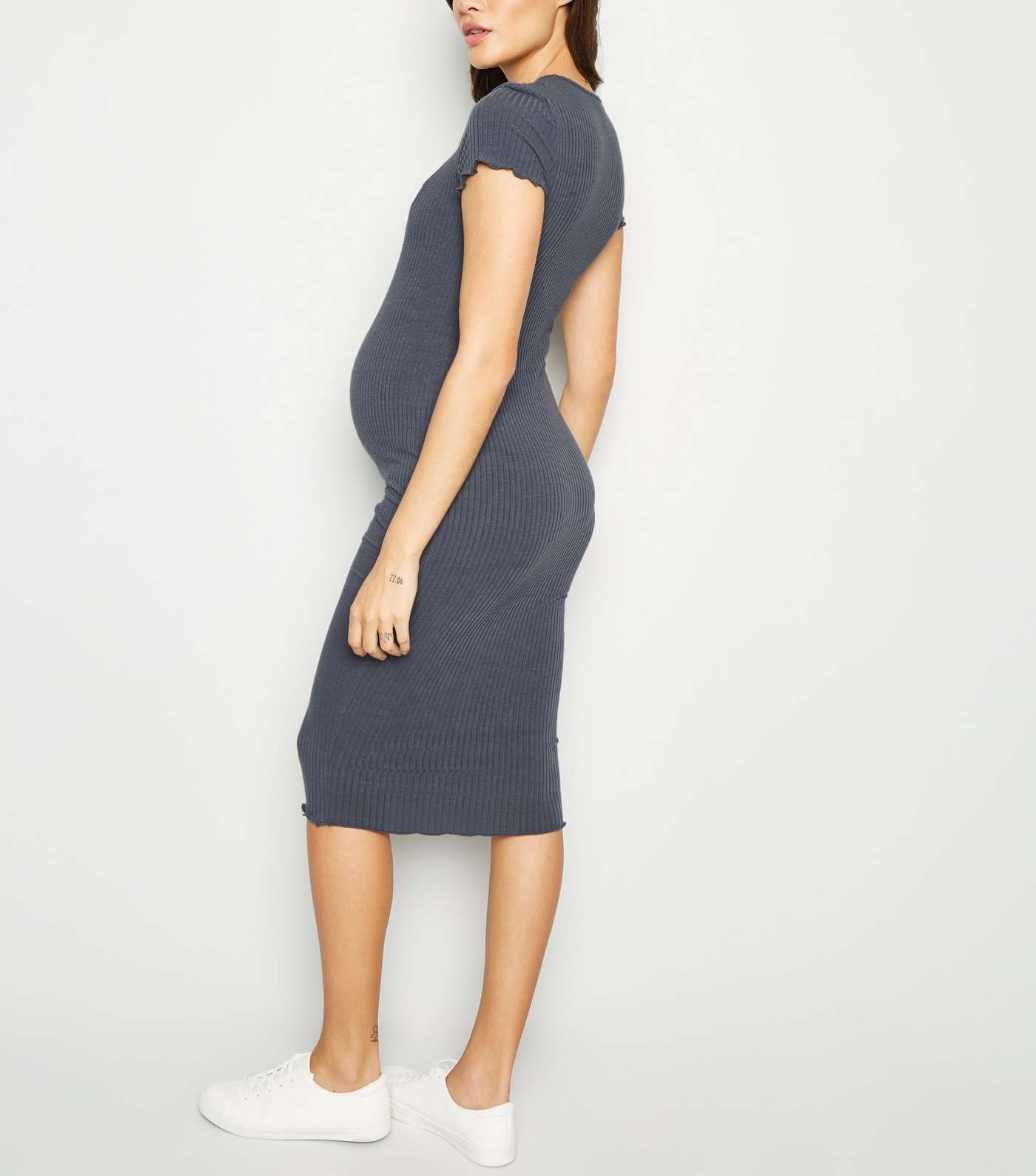 Maternity Dark Grey Ribbed Frill Midi Dress Image 3