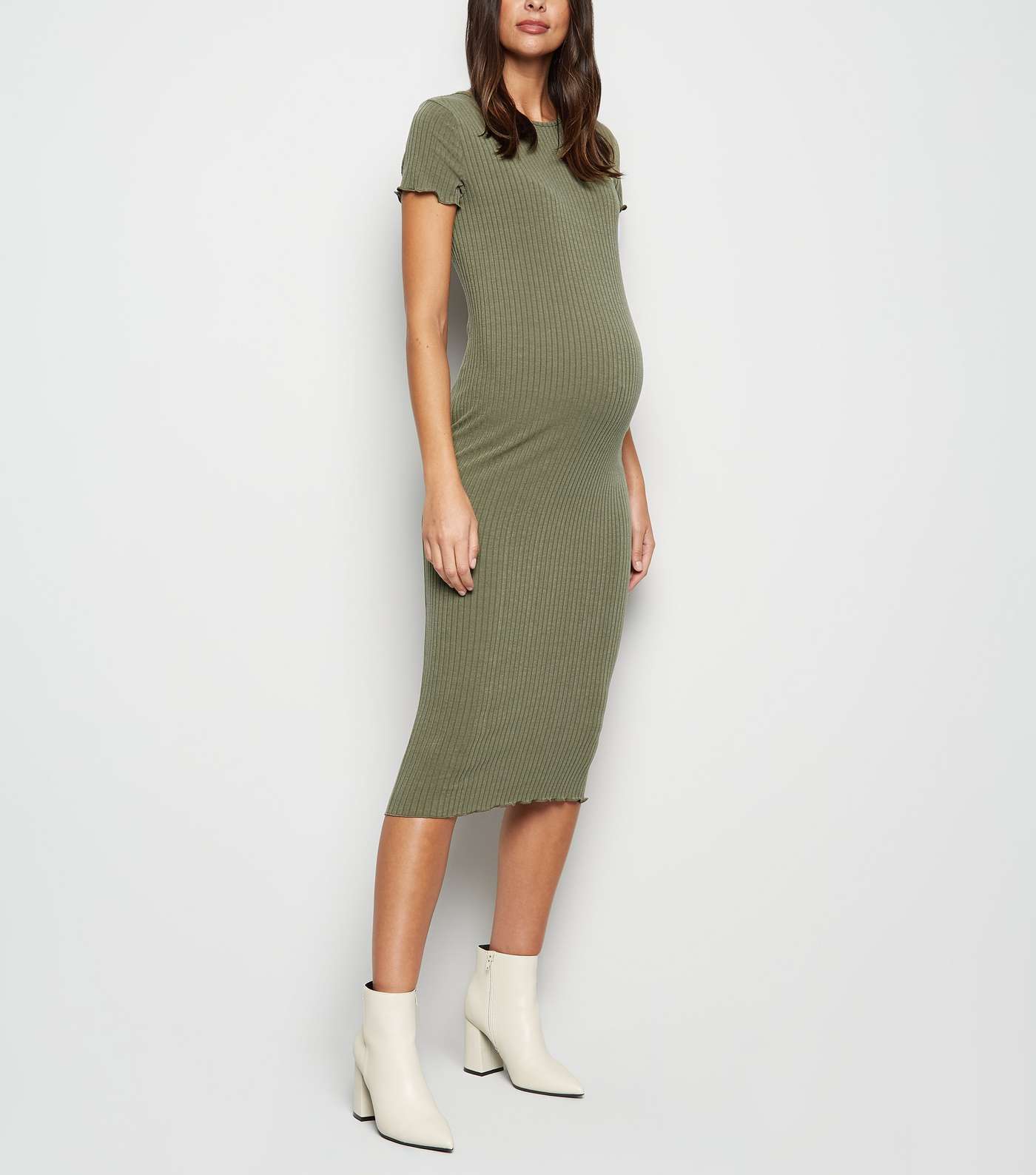 Maternity Khaki Ribbed Frill Midi Dress