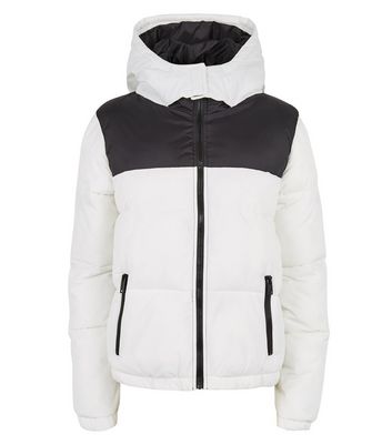 White Colour Block Hooded Puffer Jacket 