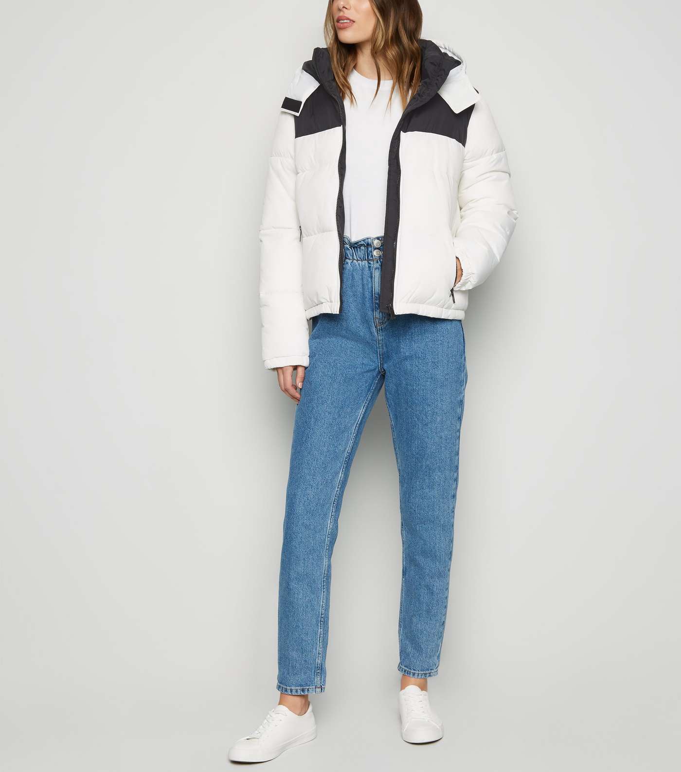 White Colour Block Hooded Puffer Jacket  Image 2