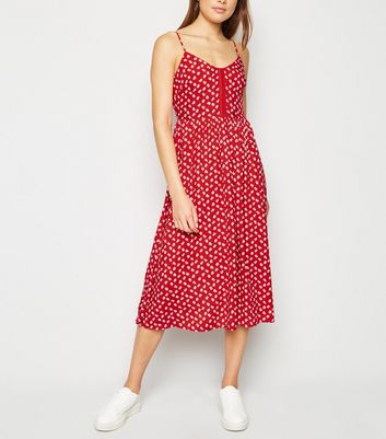 red ditsy floral midi dress