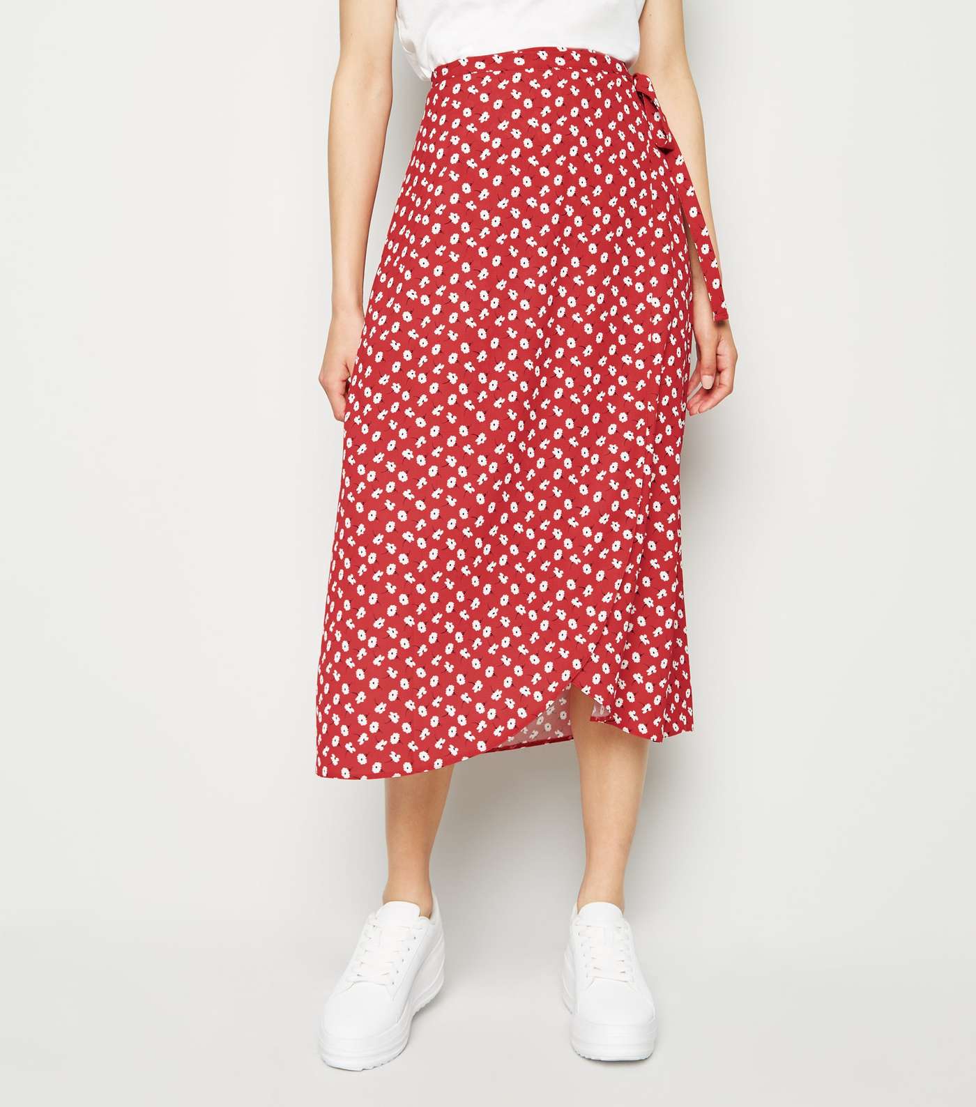 Red Floral Wrap Midi Skirt Image 2
