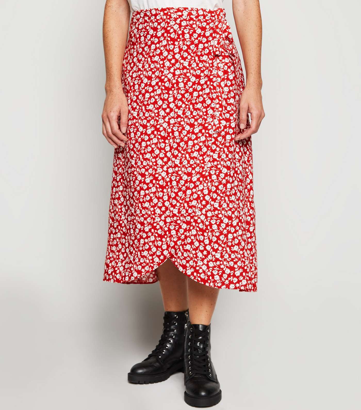 Petite Red Floral Wrap Midi Skirt Image 2