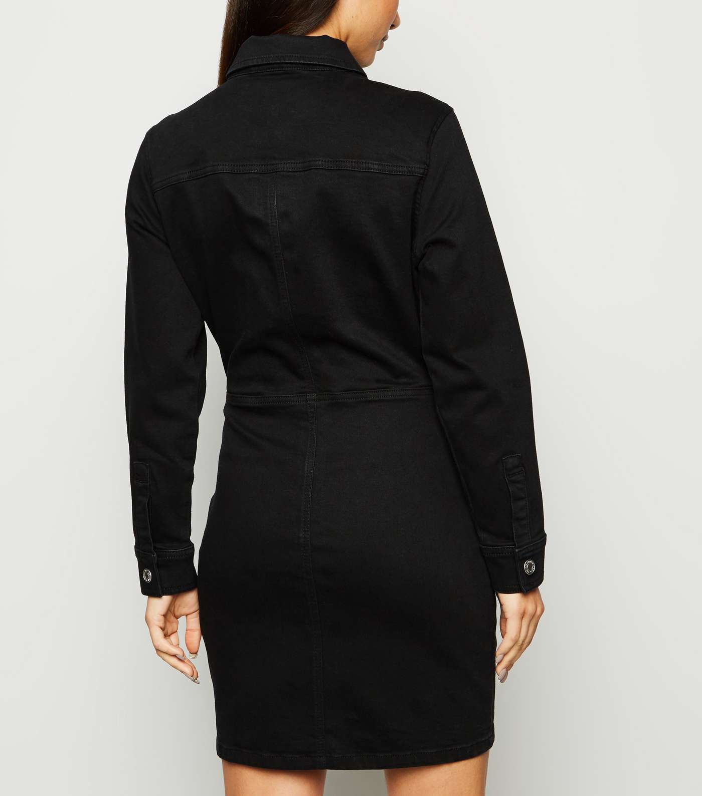 Petite Black Long Sleeve Denim Bodycon Dress Image 5