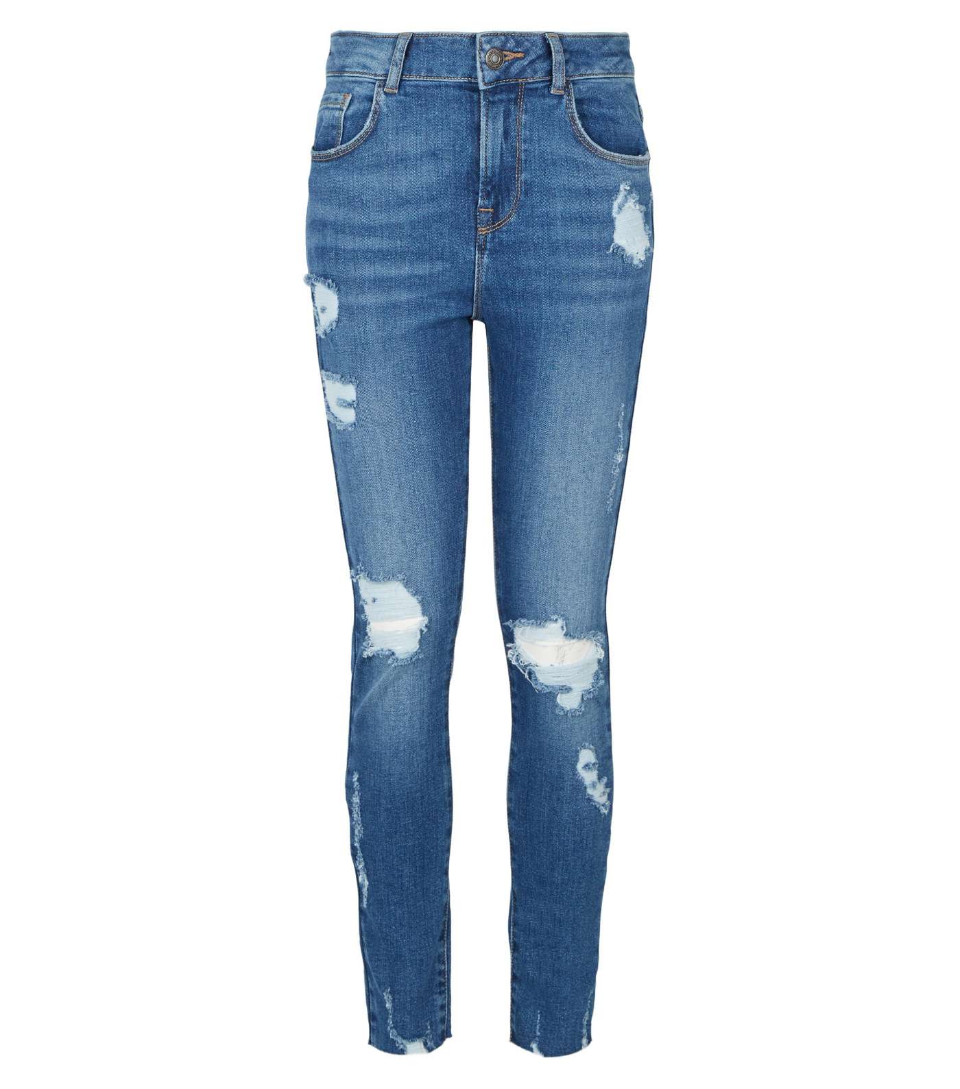Girls Blue Ripped Mid Wash Skinny Jeans Image 4