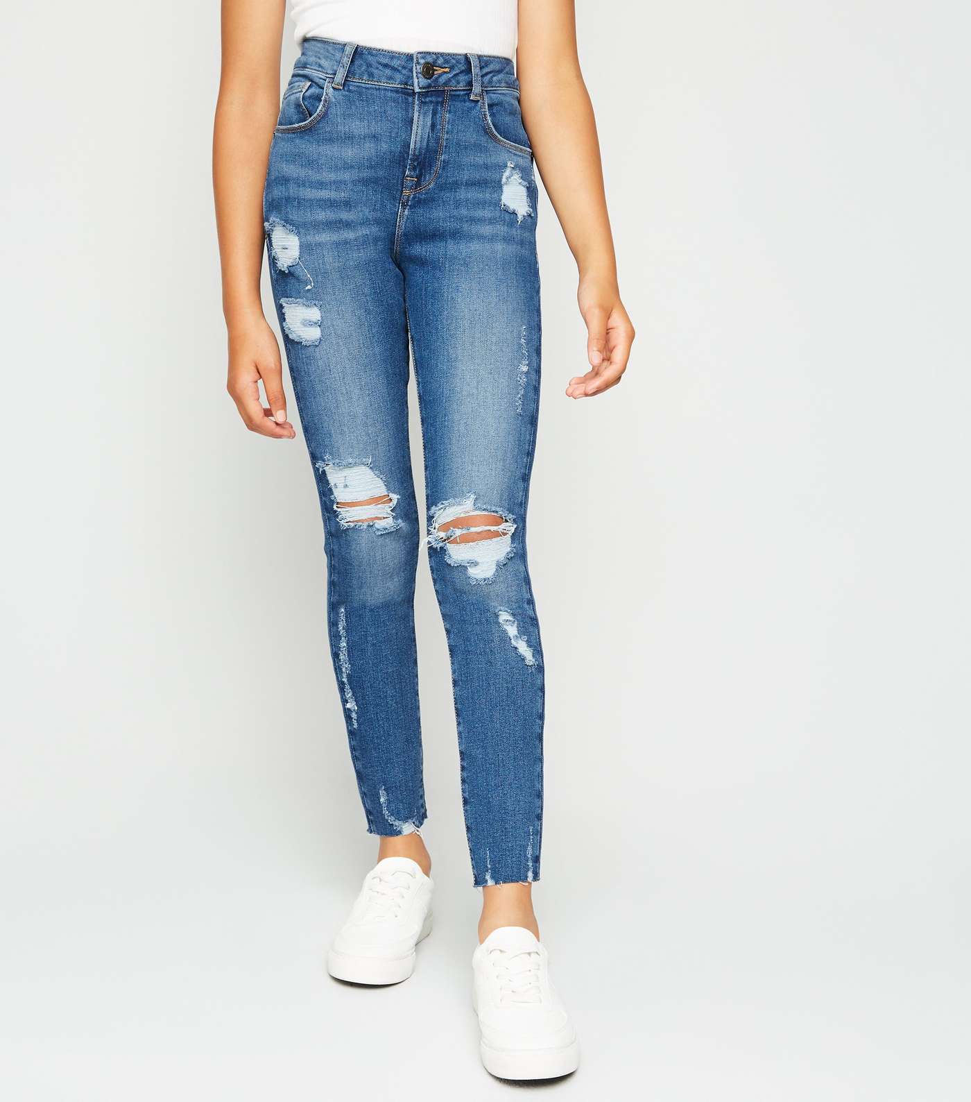 Girls Blue Ripped Mid Wash Skinny Jeans Image 2