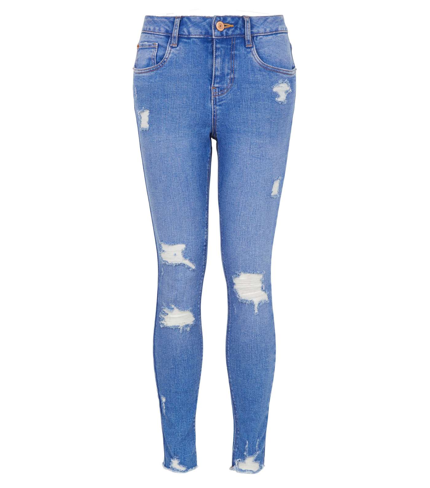 Girls Bright Blue Ripped Skinny Jeans Image 4