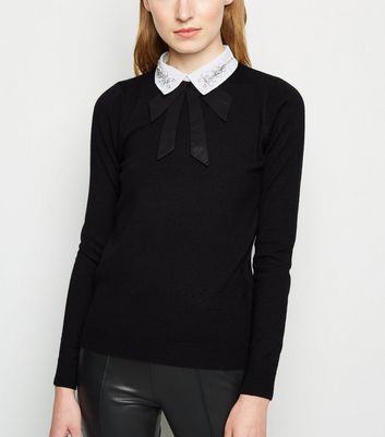 Image of Black Gem Embellished Bow Collar Jumper New Look