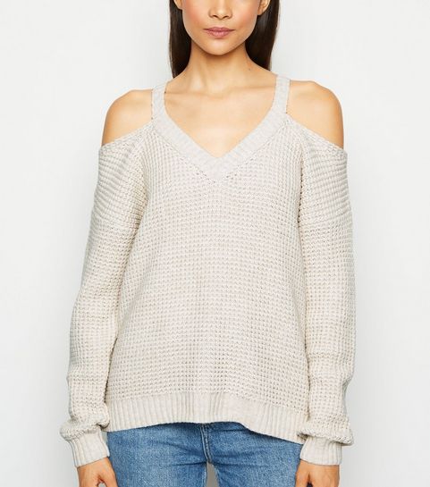 Cremeweißer Cold-Shoulder-Strickpullover mit Waffelmuster