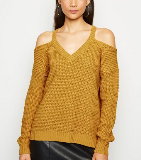 Mustard Waffle Knit Cold Shoulder Jumper