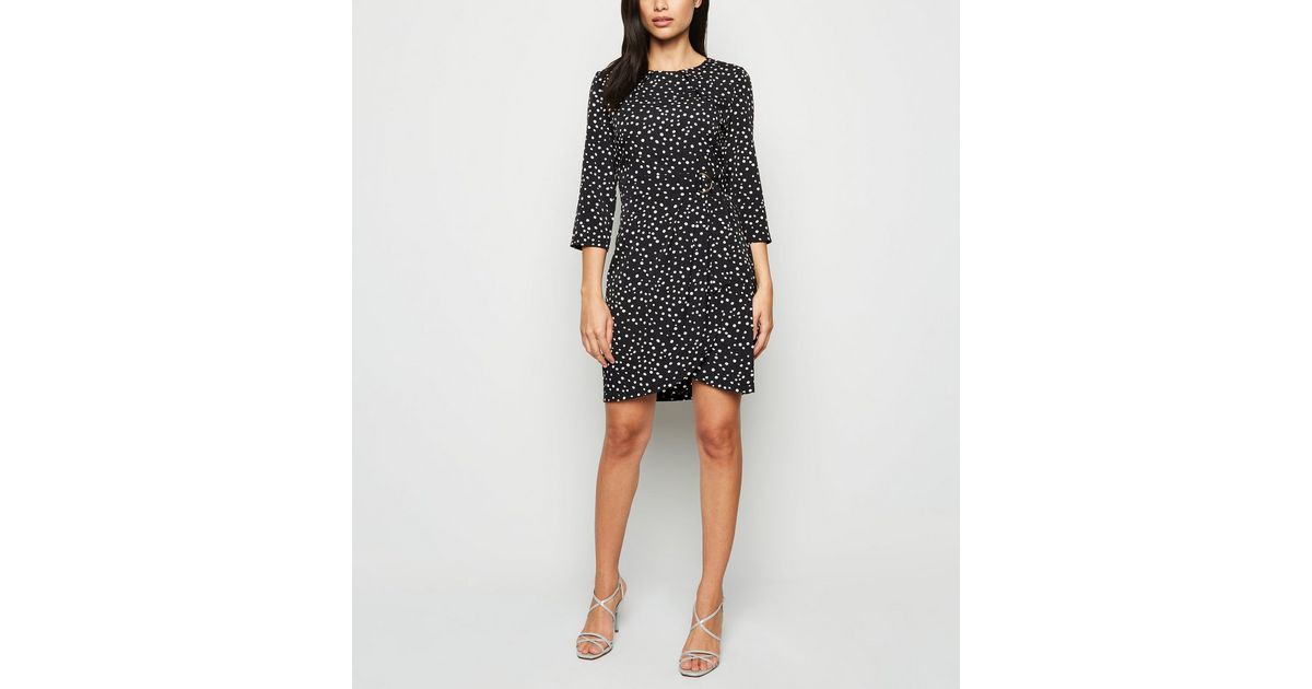 Blue Vanilla Black Spot Belted Tulip Dress New Look