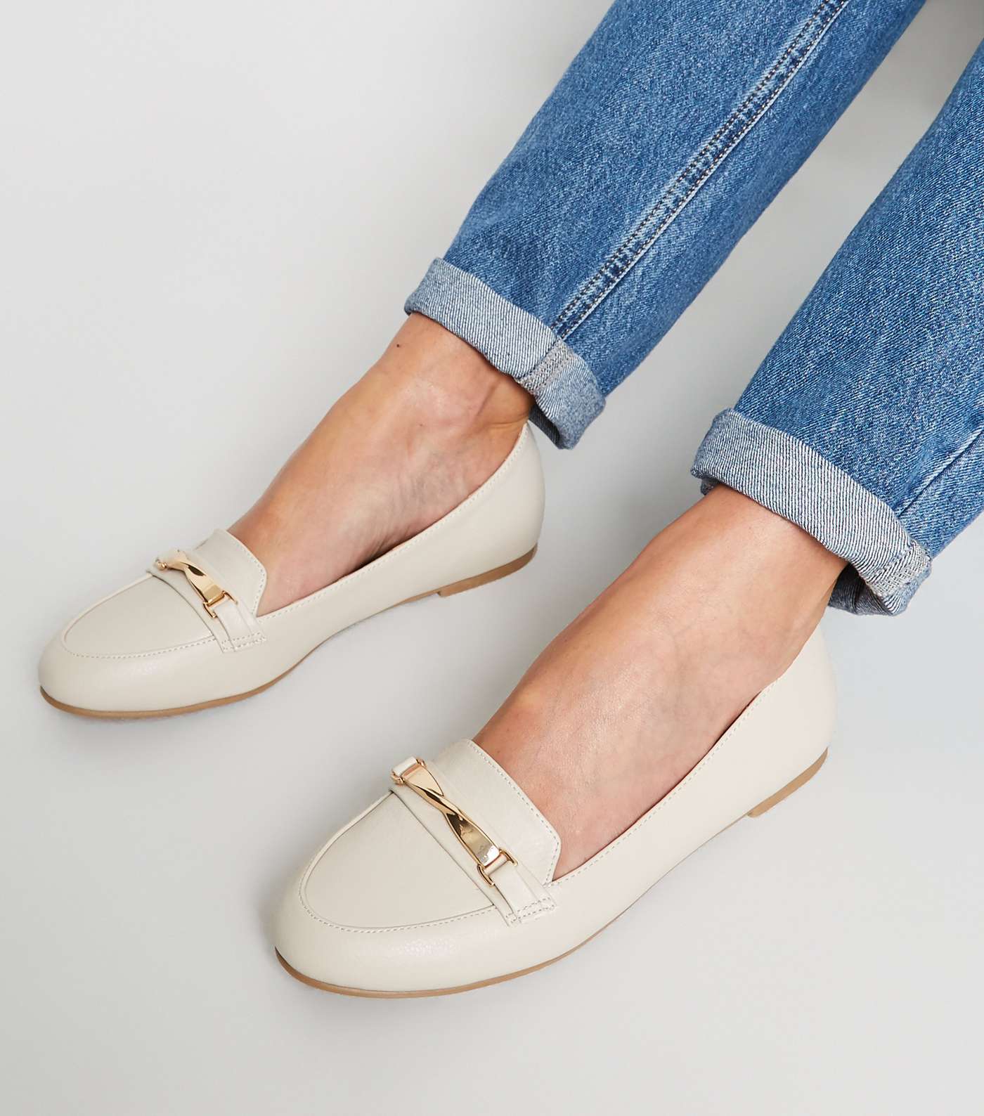 Off White Leather-Look Twist Bar Loafers Image 2