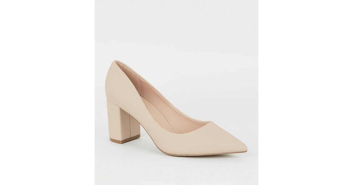 Cream LeatherLook Block Heel Court Shoes New Look