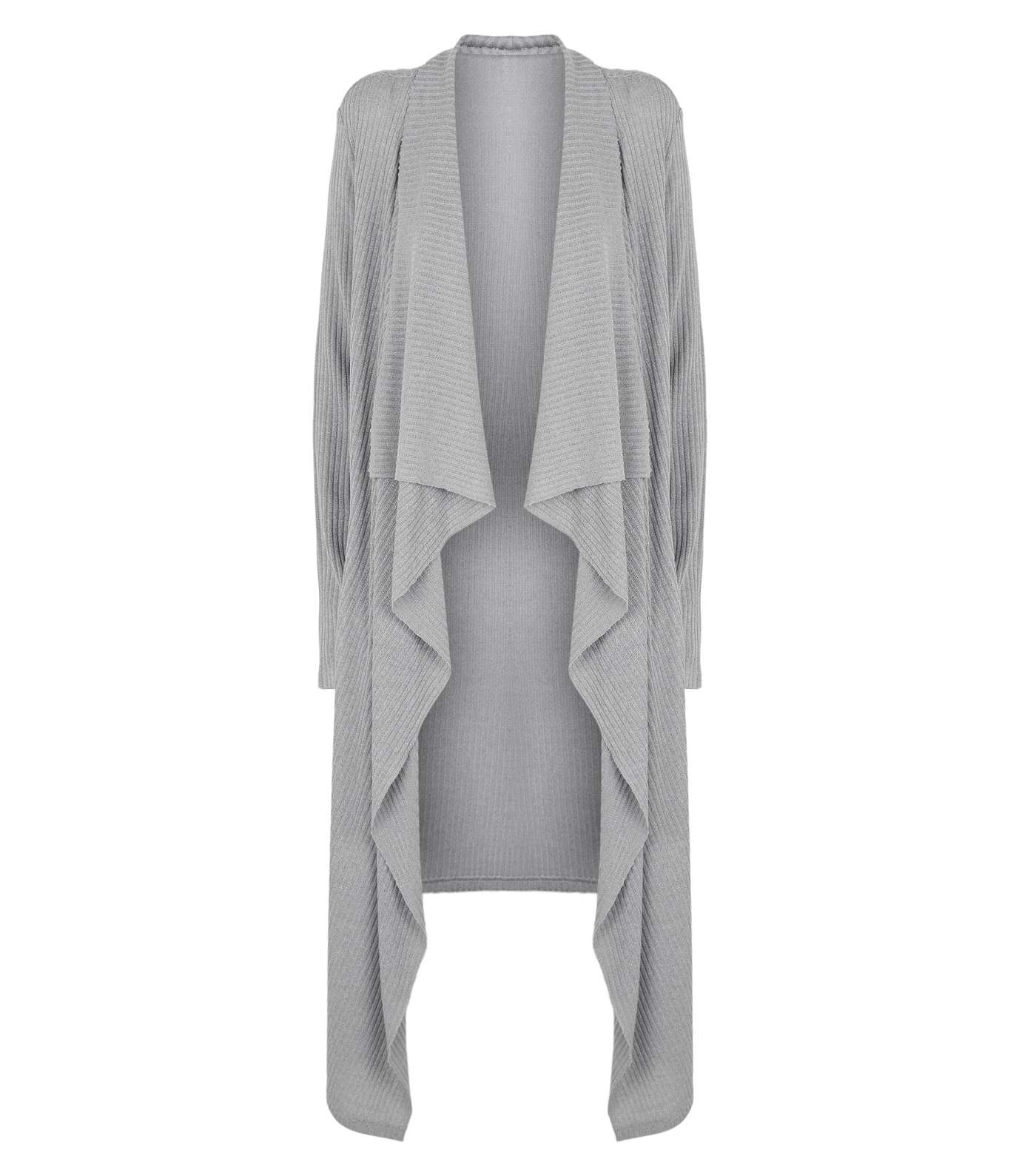 Pale Grey Ribbed Fine Knit Waterfall Cardigan  Image 4