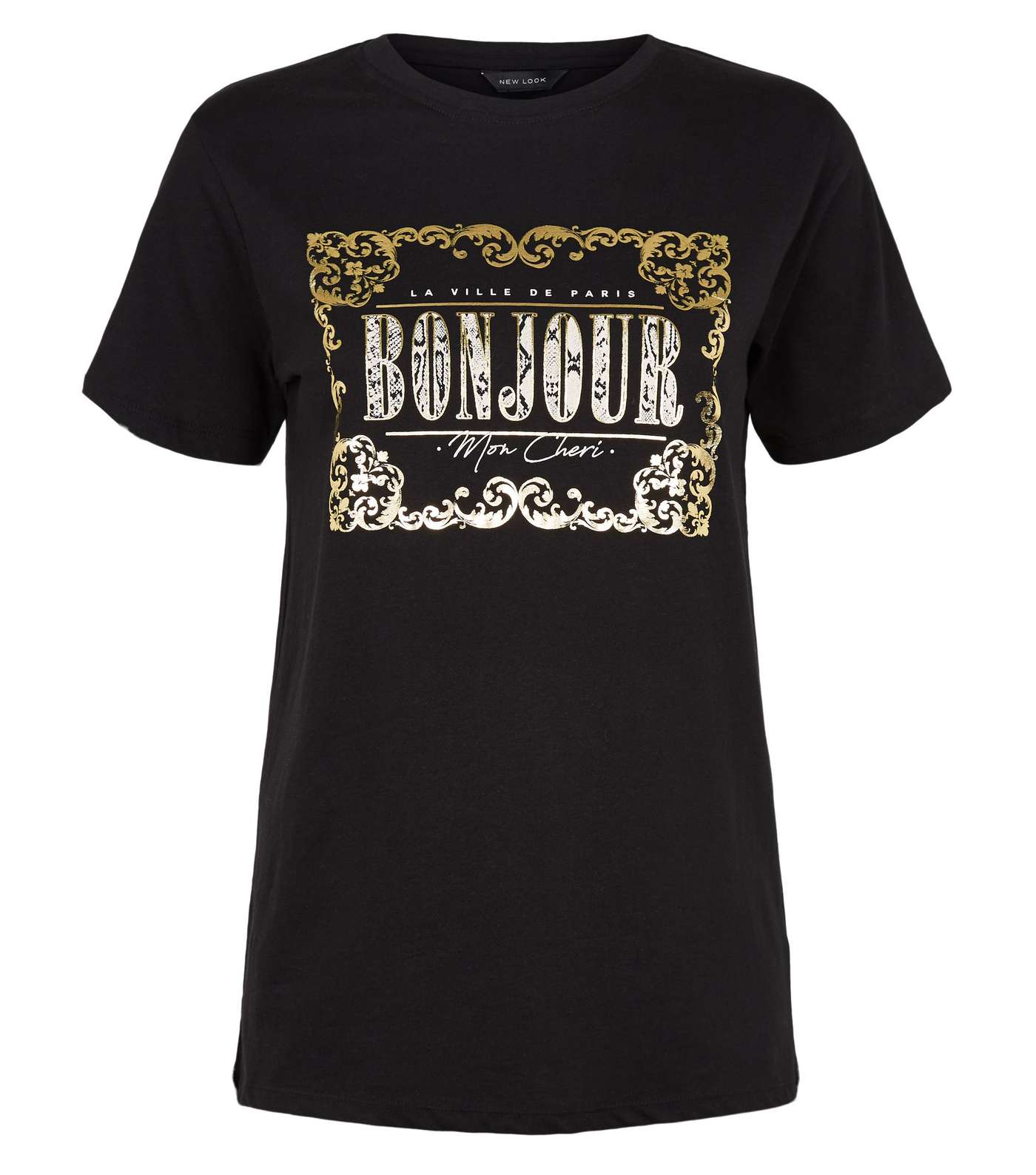 Black Metallic Bonjour Slogan T-Shirt Image 4