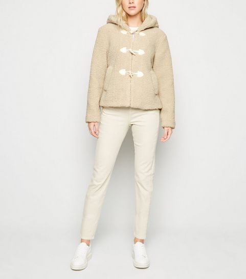 Grauer Dufflecoat mit Kapuze und Teddyfell