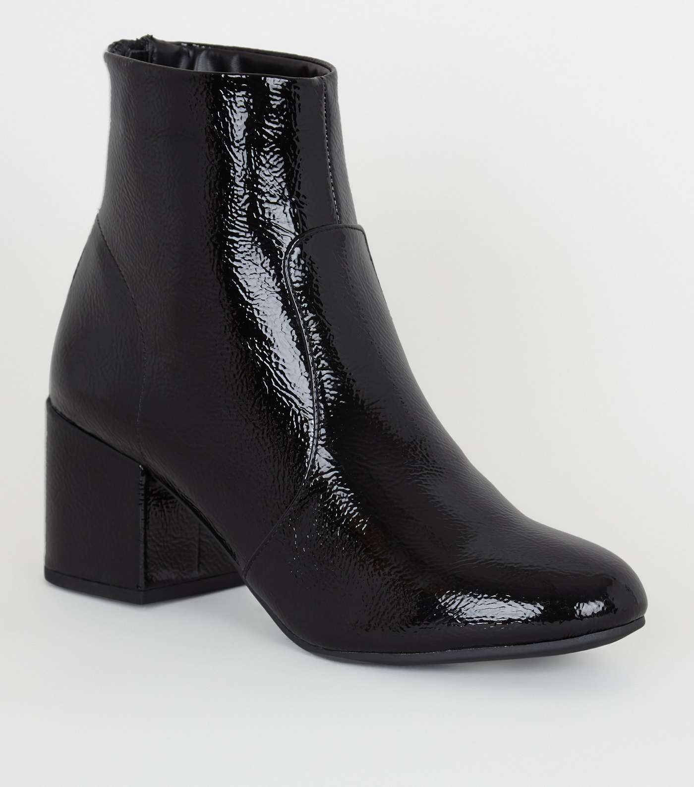 Black Crinkle Patent Heeled Ankle Boots