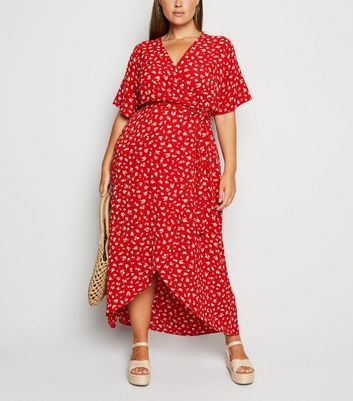 Curves Red Floral Wrap Maxi Dress | New 