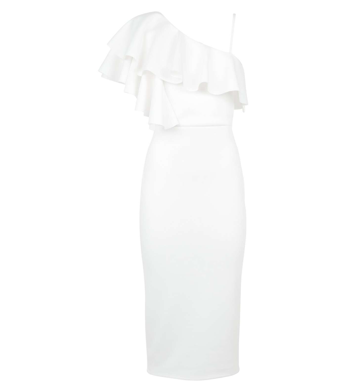 White One Shoulder Ruffle Midi Bodycon Dress Image 4