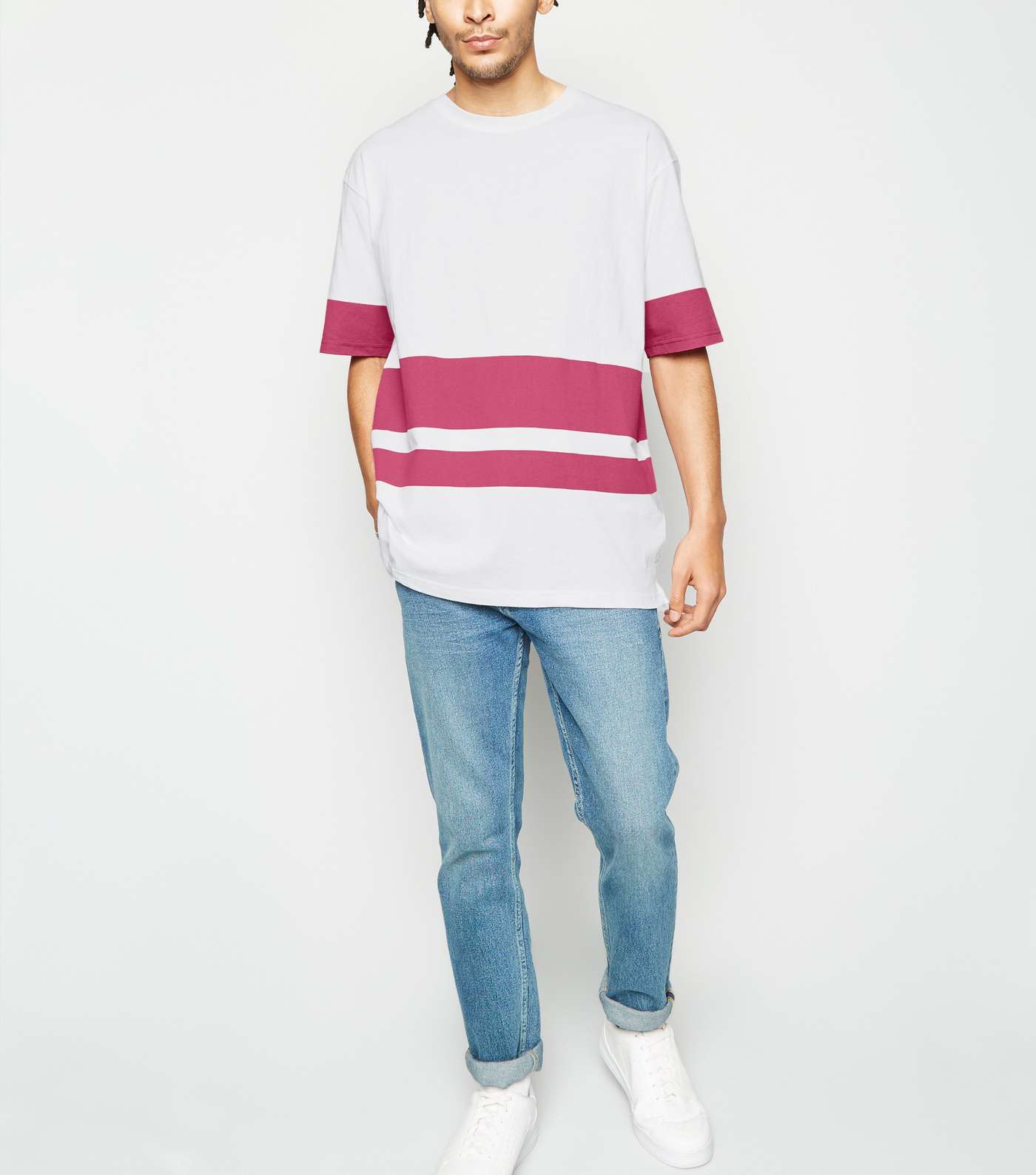 Bright Pink Neon Colour Block Stripe T-Shirt Image 2