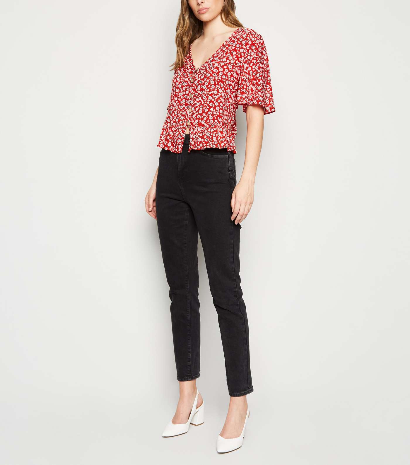 Red Ditsy Floral Boxy Peplum Blouse Image 2