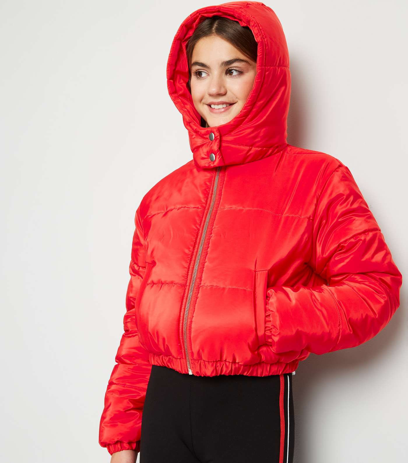 Girls Red Hooded Puffer Jacket Image 5