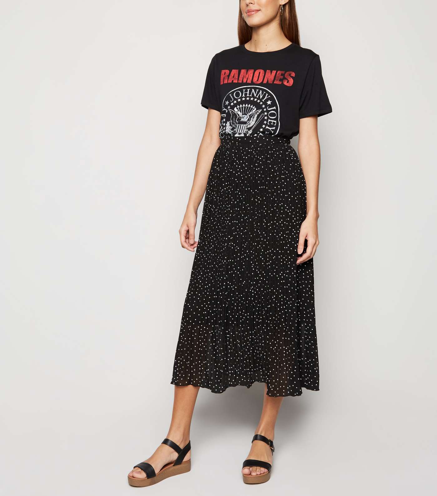 Black Spot Print Pleated Midi Skirt
