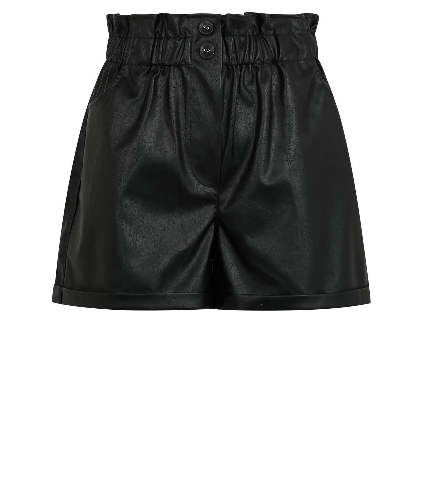 Black Leather-Look Button High Waist Shorts Image 4