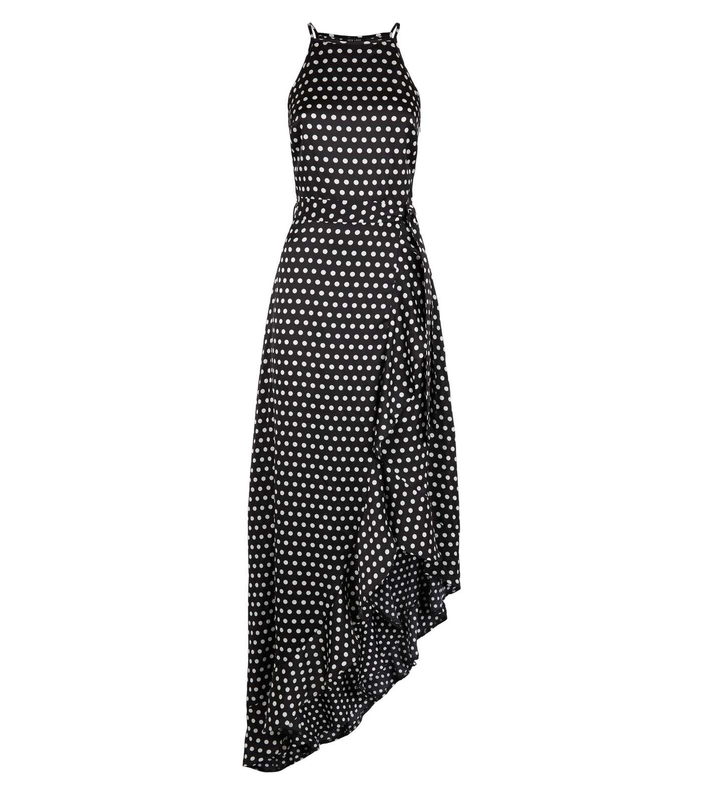 Tall Black Spot Satin Ruffle Hem Maxi Dress Image 4
