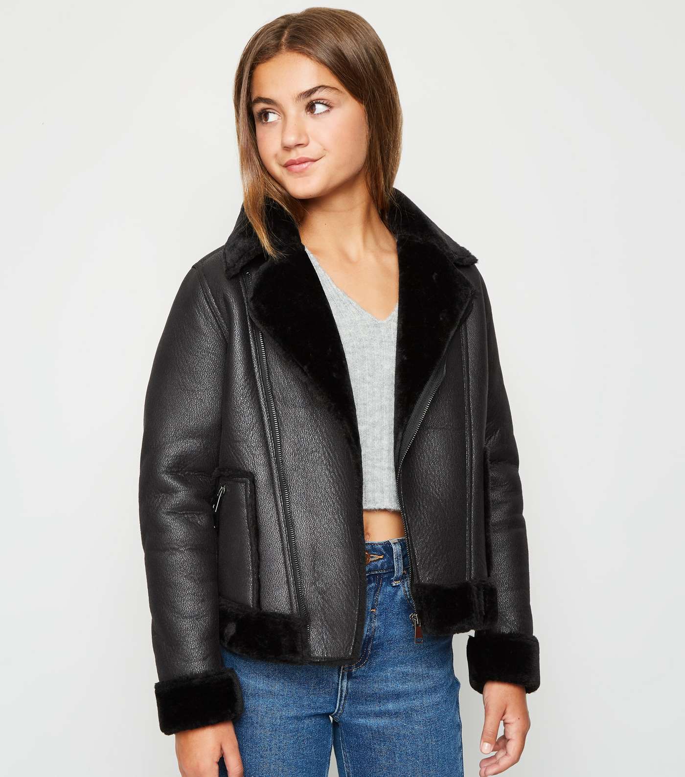 Girls Black Coated Leather-Look Aviator Jacket