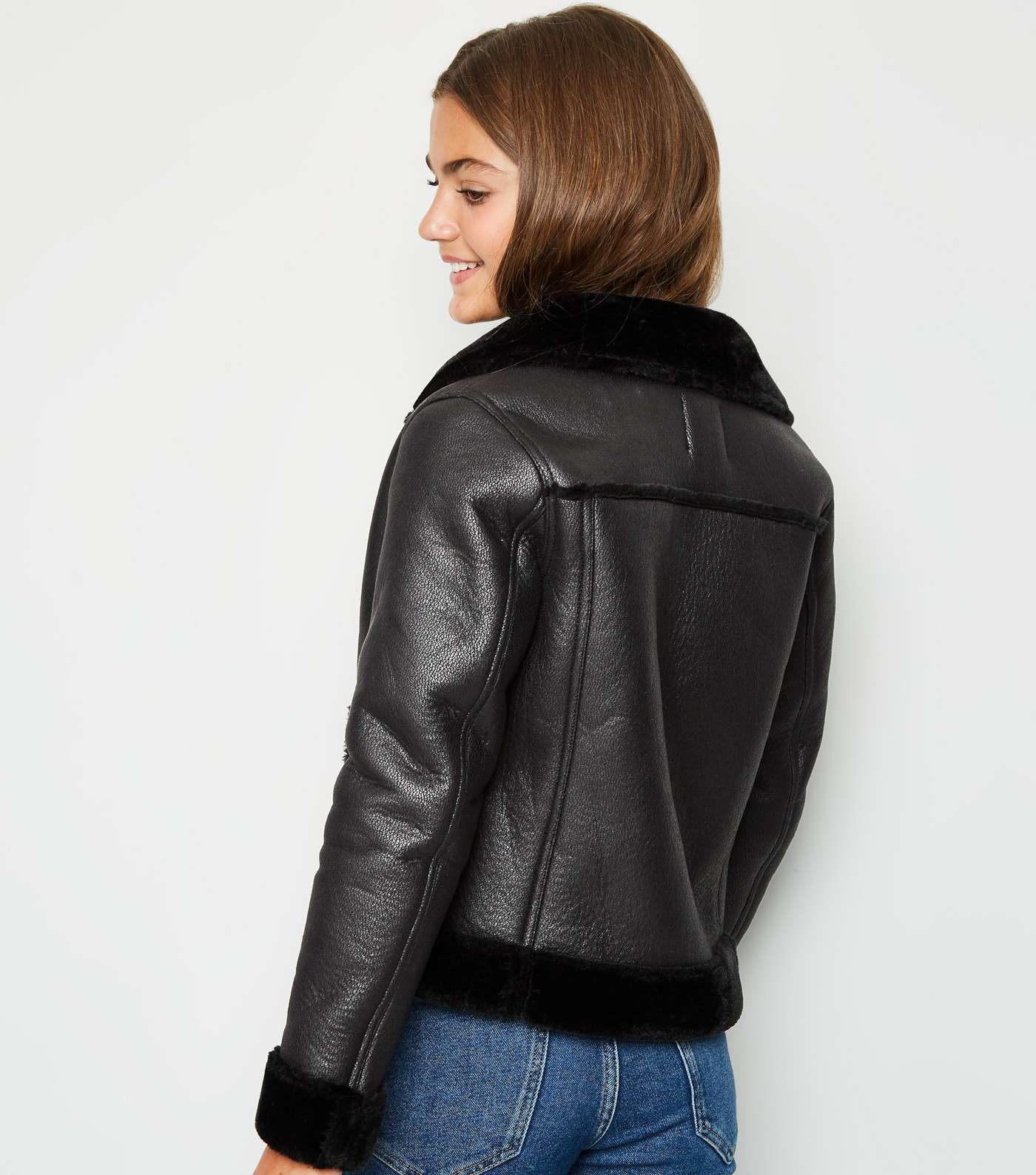 Girls Black Coated Leather-Look Aviator Jacket Image 3