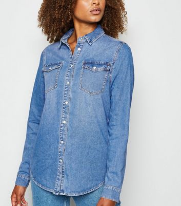 denim shirt with pearl buttons