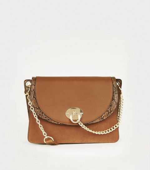 Tan Faux Snake Panel Shoulder Bag