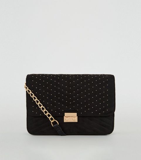 Black Suedette Quilted Chain Shoulder Bag