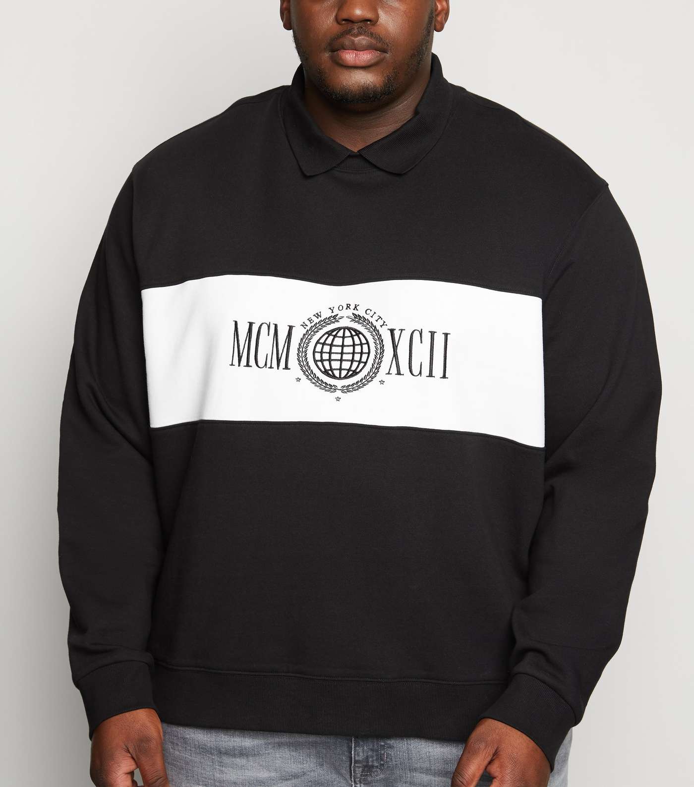 Plus Size Black Slogan Collared Sweatshirt