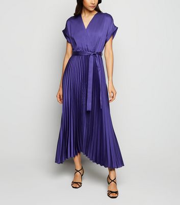 Image of Blue Satin Pleated Midi Dress New Look