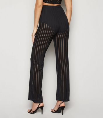 black mesh stripe high waisted wide leg trousers