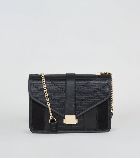 Black Leather-Look Chain Shoulder Bag