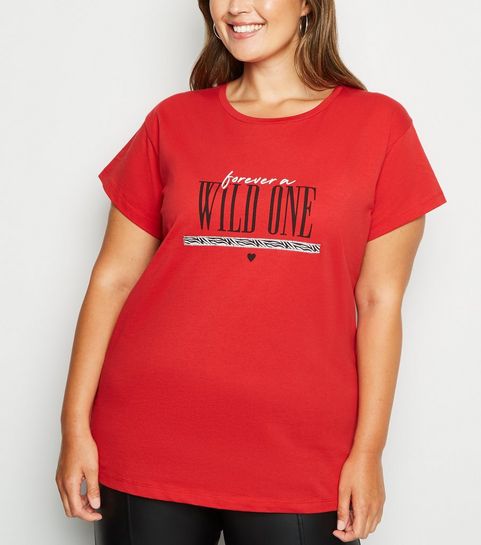 Curves Dark Red Wild One Slogan T-Shirt