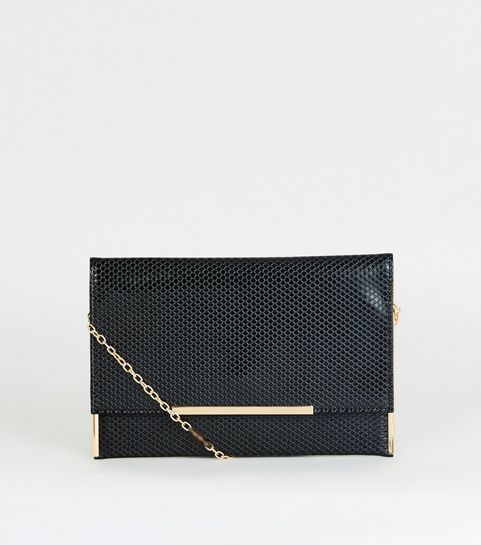 Black Faux Snake Foldover Clutch Bag