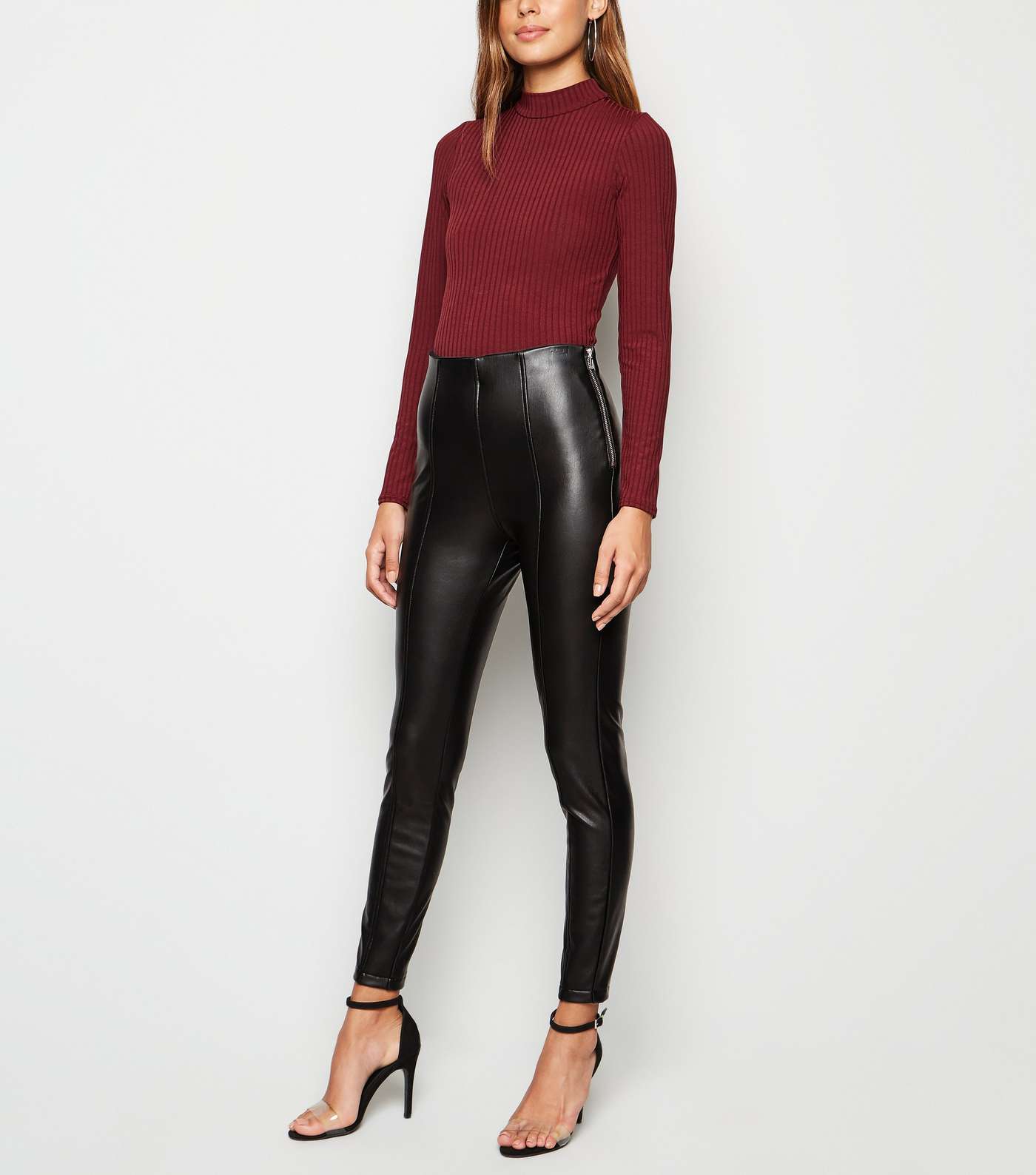 Black Coated Leather-Look Zip Leggings