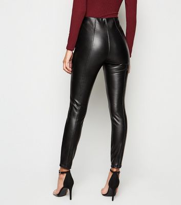 Black Coated Leather-Look Zip Leggings 