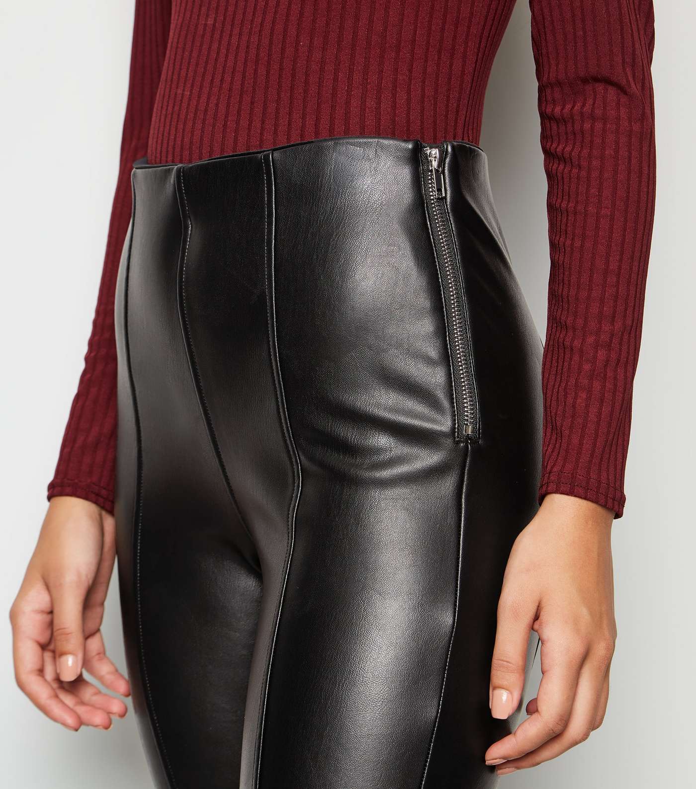 Black Coated Leather-Look Zip Leggings Image 5