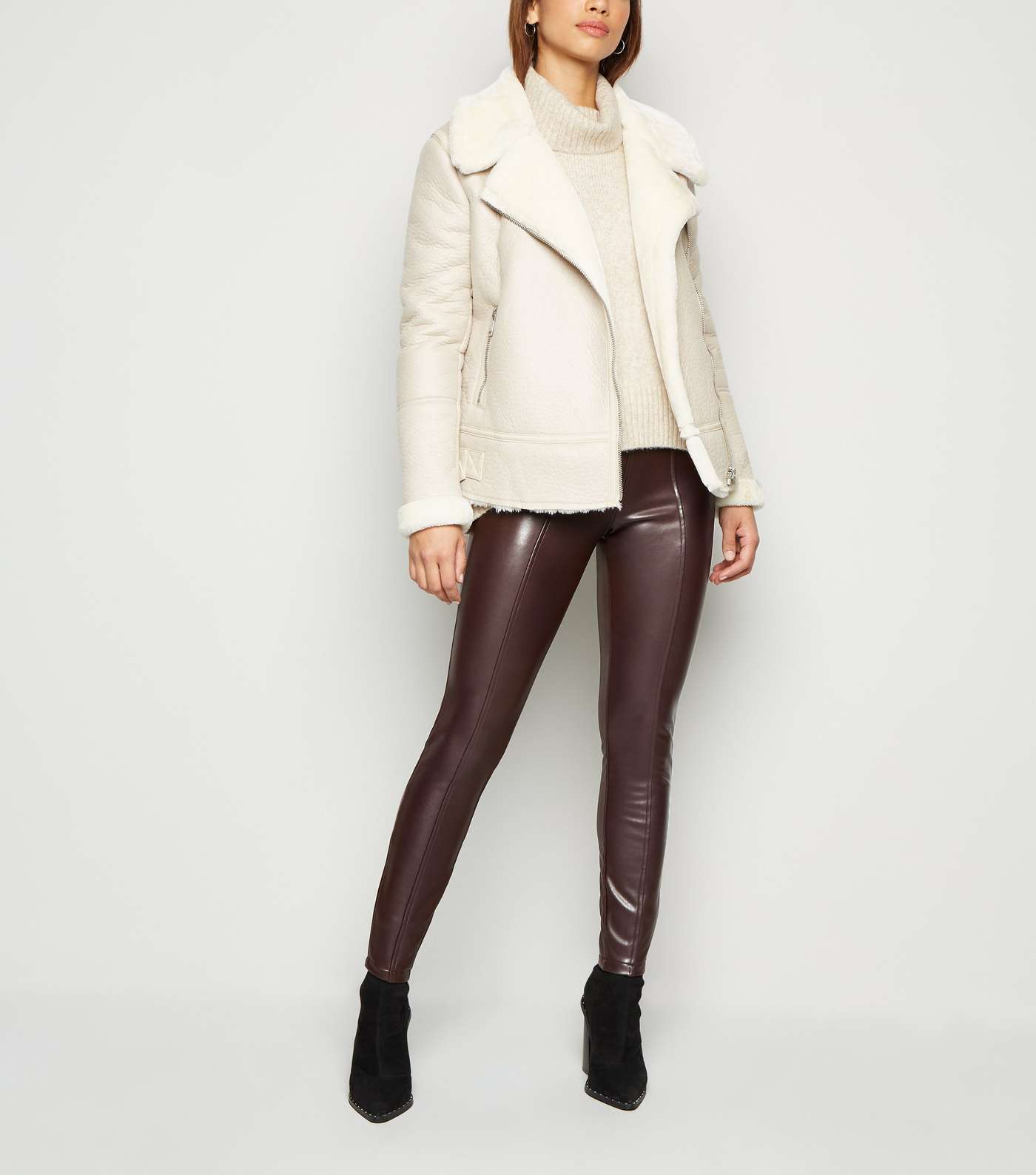 Brown Coated Leather-Look Leggings