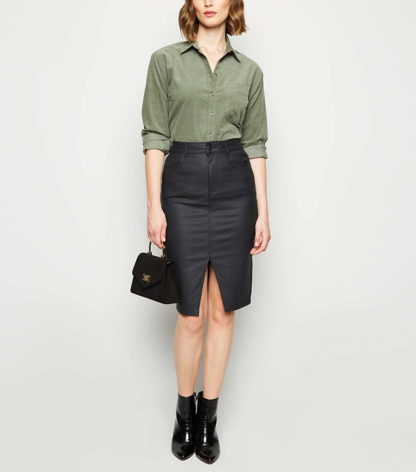 Black Coated Leather-Look Denim Pencil Skirt