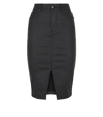 Black Coated Leather Look Denim Pencil Skirt New Look