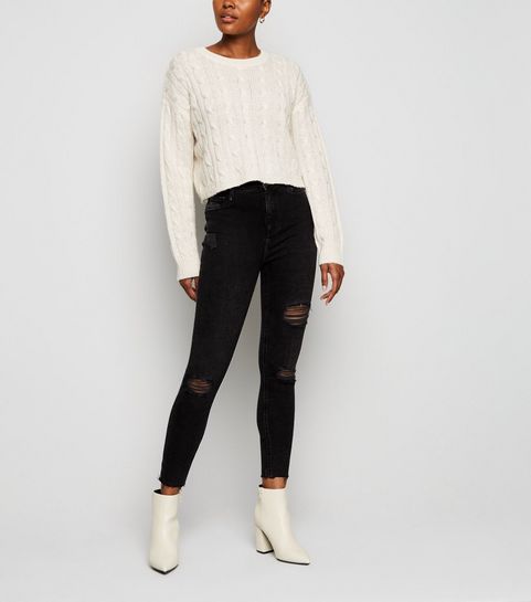 Black Ripped Raw Hem Super Skinny Hallie Jeans