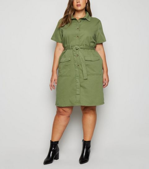 Curves Khaki Utility Shirt Dress