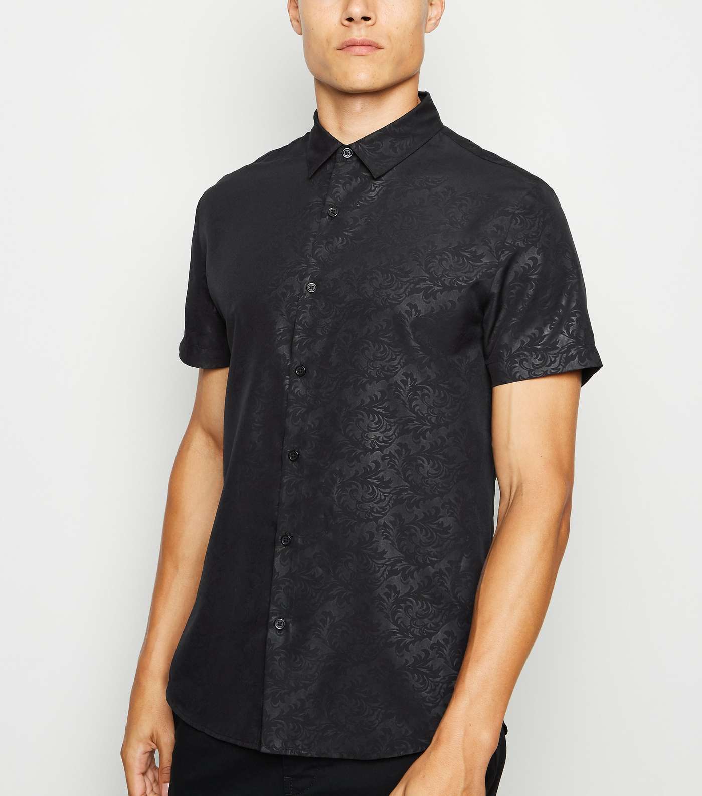 Black Satin Jacquard Short Sleeve Shirt