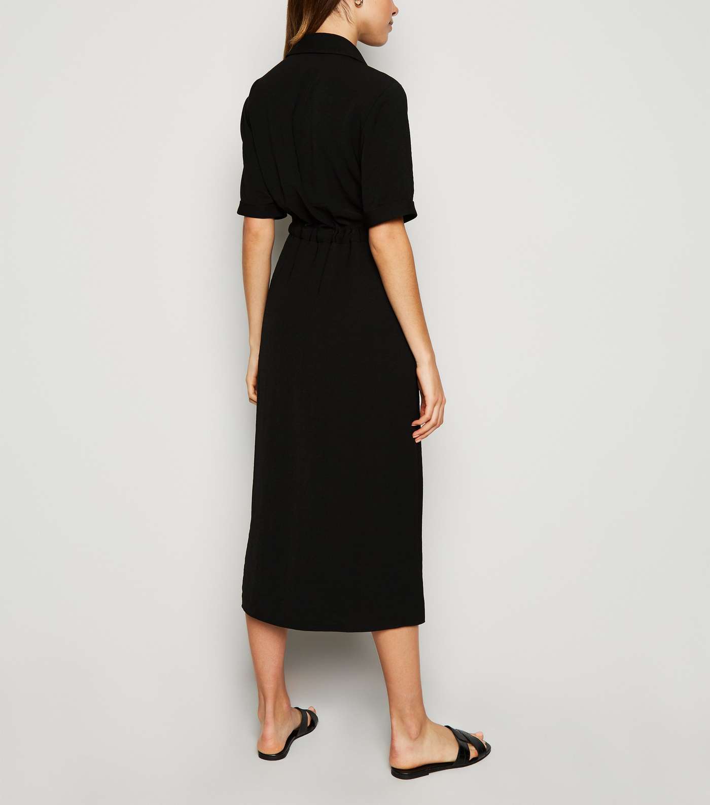 Black Drawstring Waist Midi Shirt Dress Image 3